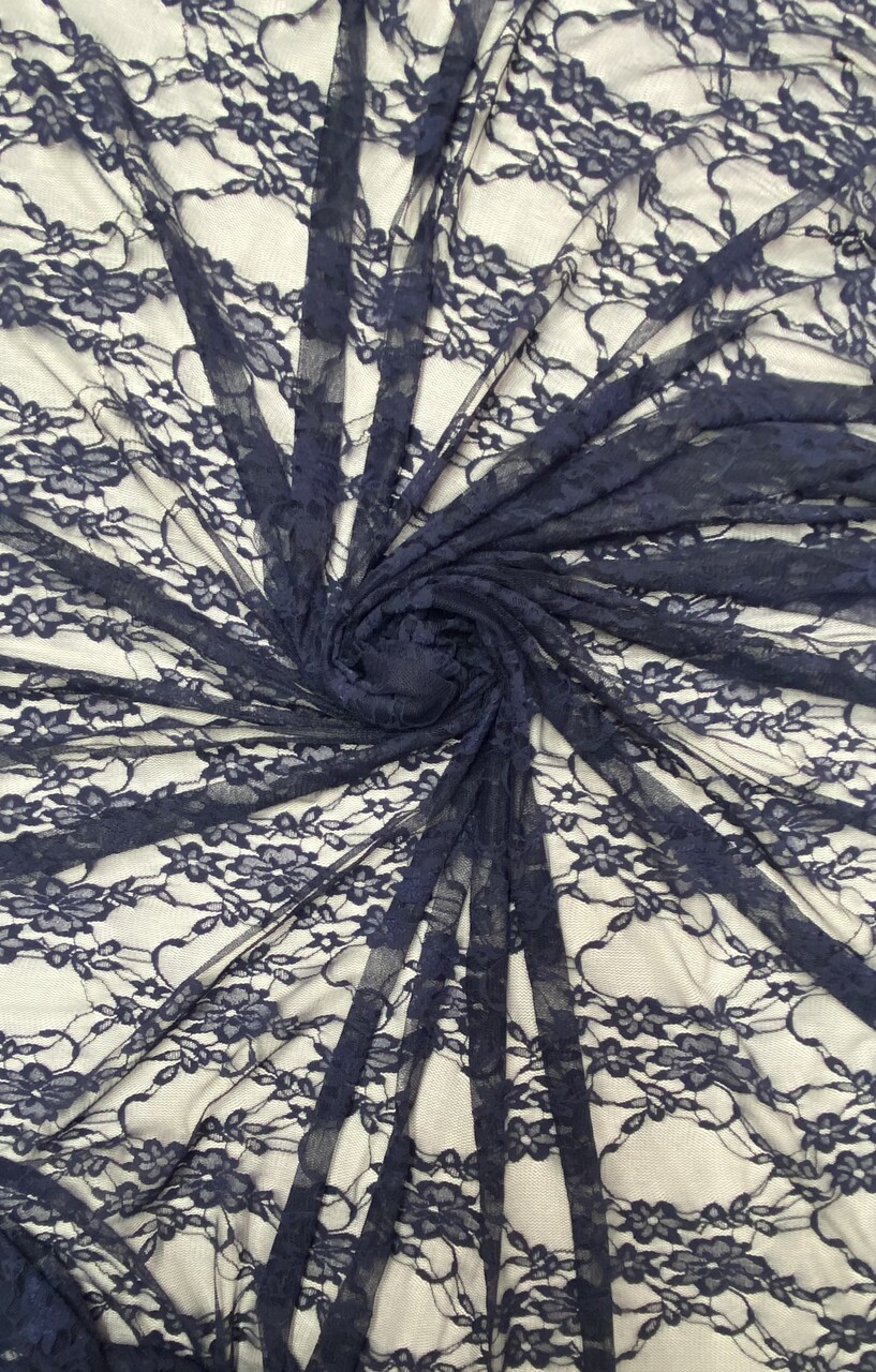 1 Yard Deep Navy Blue 4-Way Stretch Floral Lace Fabric Sheer Shimmery Nylon Spandex 58/60″ Wide